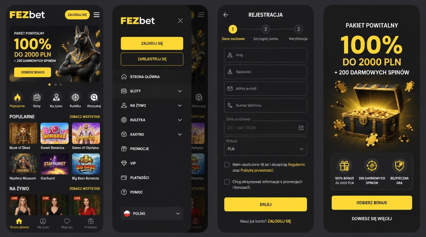 interfejs mobilny Fezbet Casino z formularzem rejestracji i bonusem