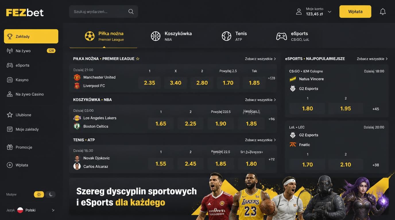 Interfejs Fezbet z ofertą sportową i eSports w Polsce