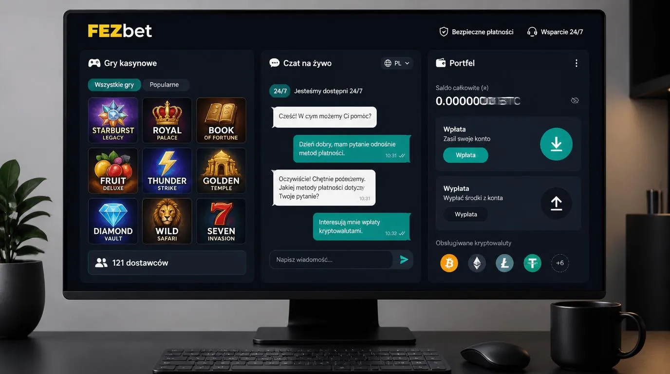Panel kasyna z katalogiem gier, oknem czatu 24/7 i opcjami wpłat oraz wypłat kryptowalutowych