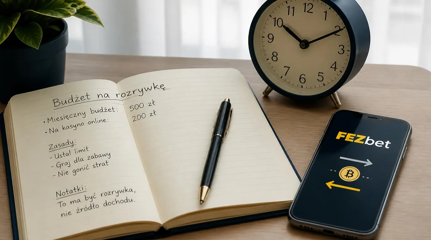 Notes z budżetem na rozrywkę, zegar i telefon z symbolami wpłaty oraz wypłaty kryptowalut